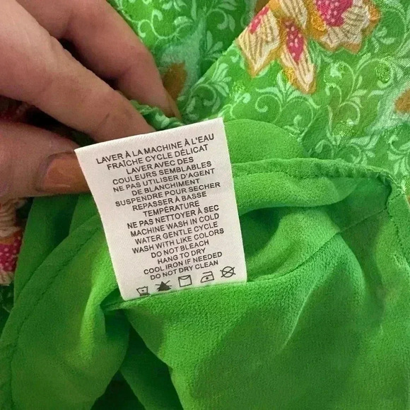 Joie green flowy blouse flower detail lined size medium sheer puff sleeve shirt - Picture 5 of 7